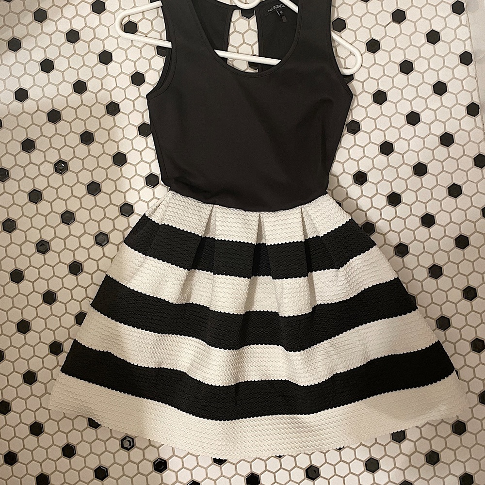 black and white fit and flair dress